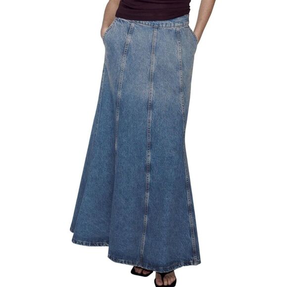 Zara Medium Wash Denim Maxi Skirt With Pockets Size Medium - Picture 7 of 8